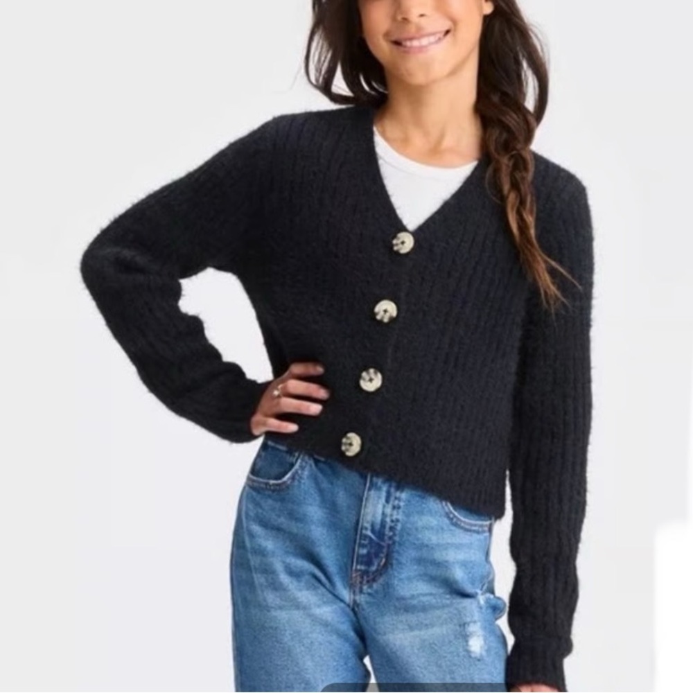 Art Class Black Fuzzy V-Neck Button Front Cardigan Girls XL 14/16